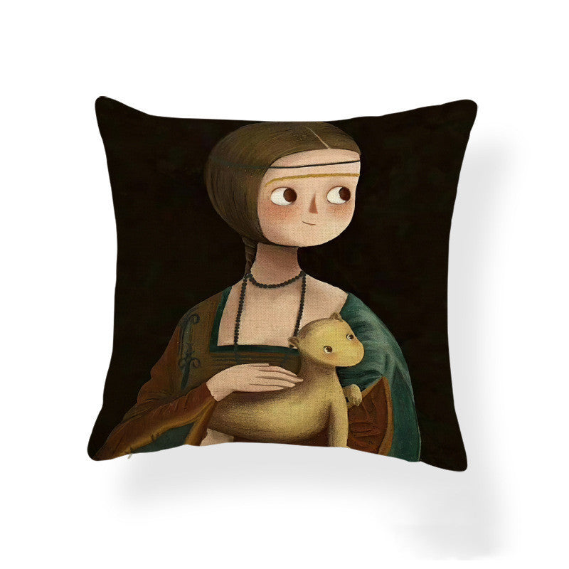 Cartoon Girl Printed Pillowcase Oil Painting Blended Cushion