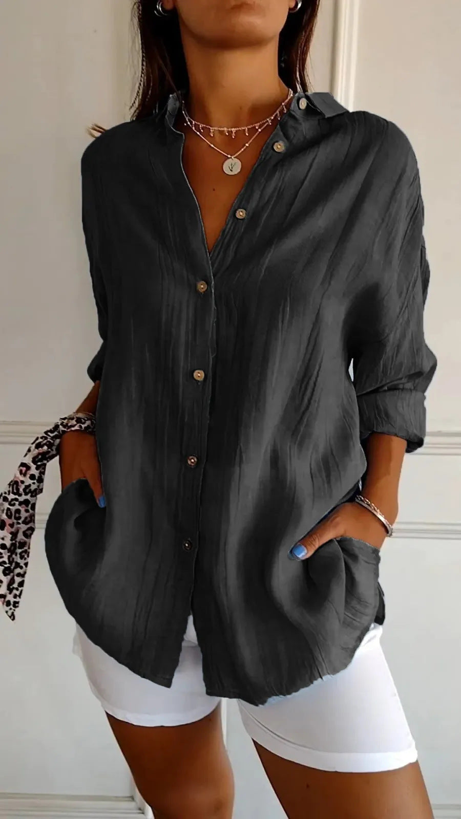 Women's Lapel Long Sleeve Shirt - Single-Breasted Pleated Button-Up