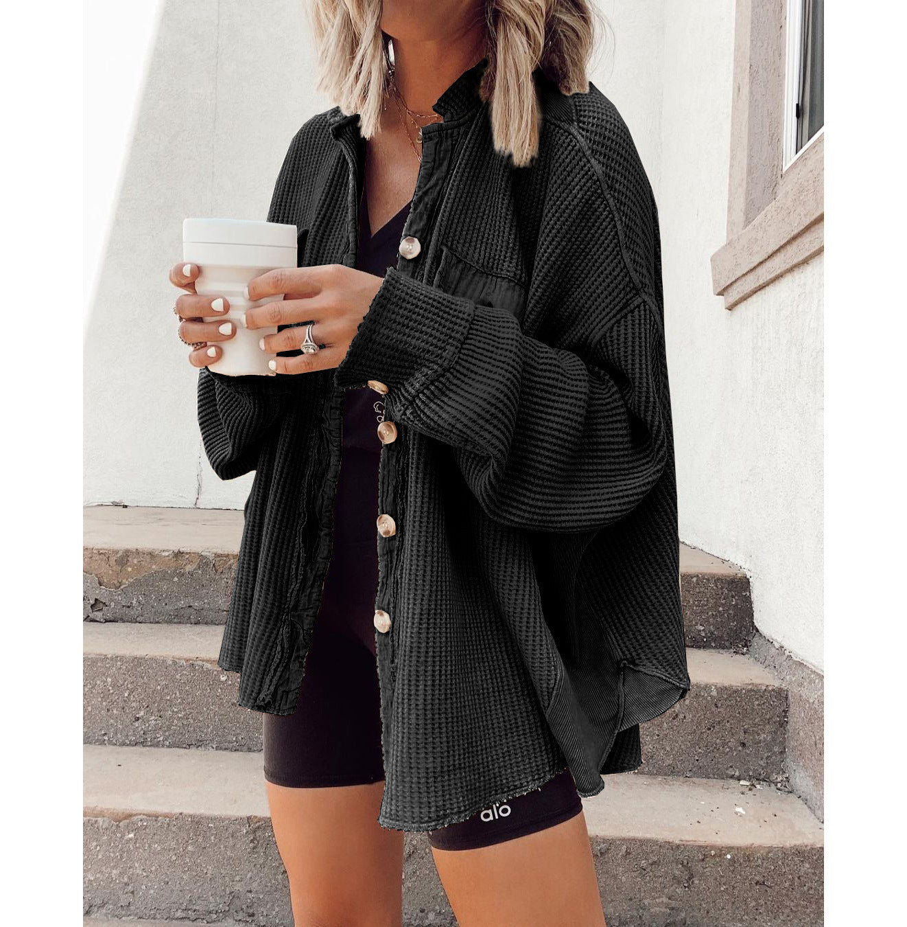 Women's Patchwork Irregular Shirt Jacket - Loose Long Sleeve Top