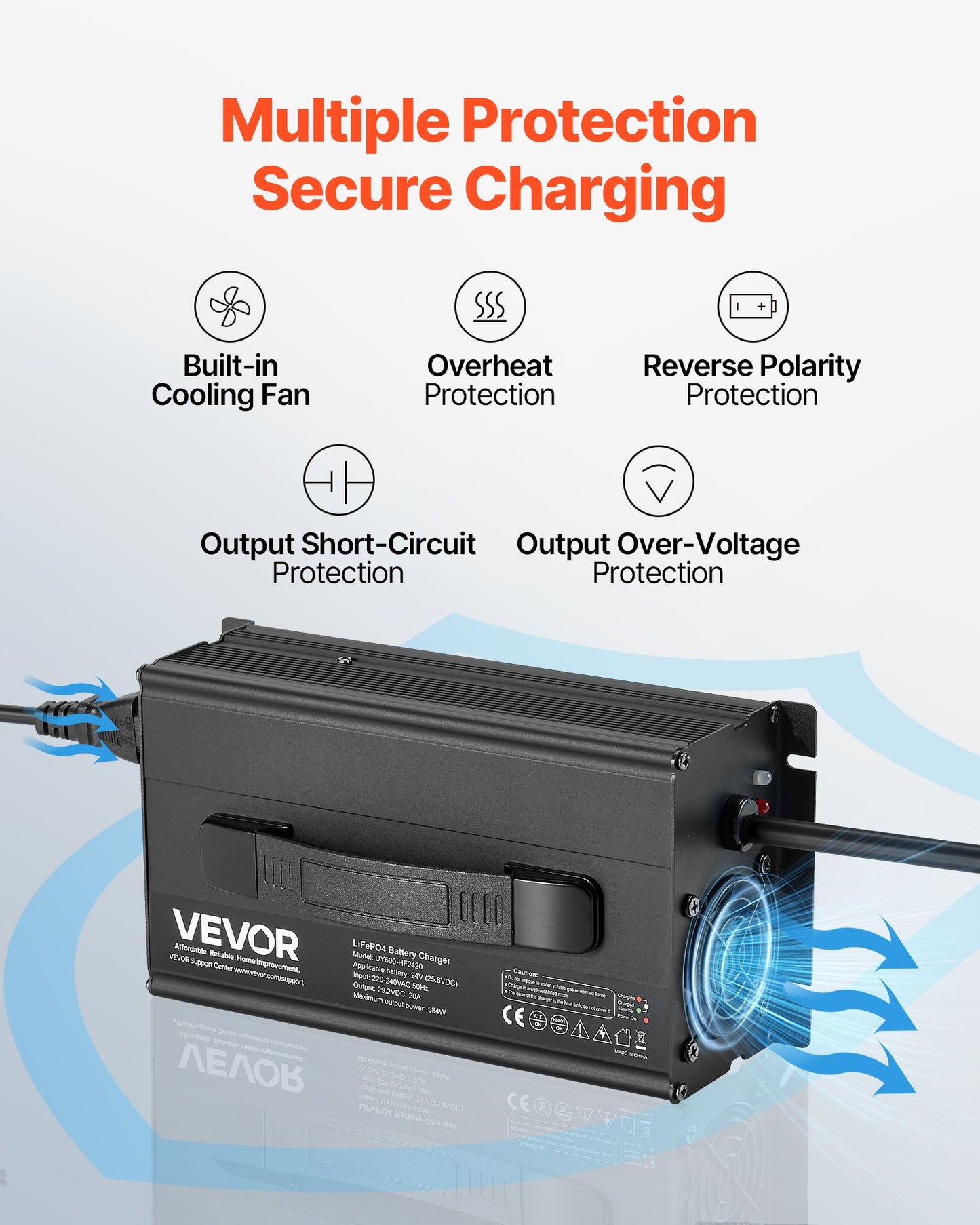 24V 20A Lithium Battery Charger 29.2V AC-DC LiFePO4 Smart Charger For RV