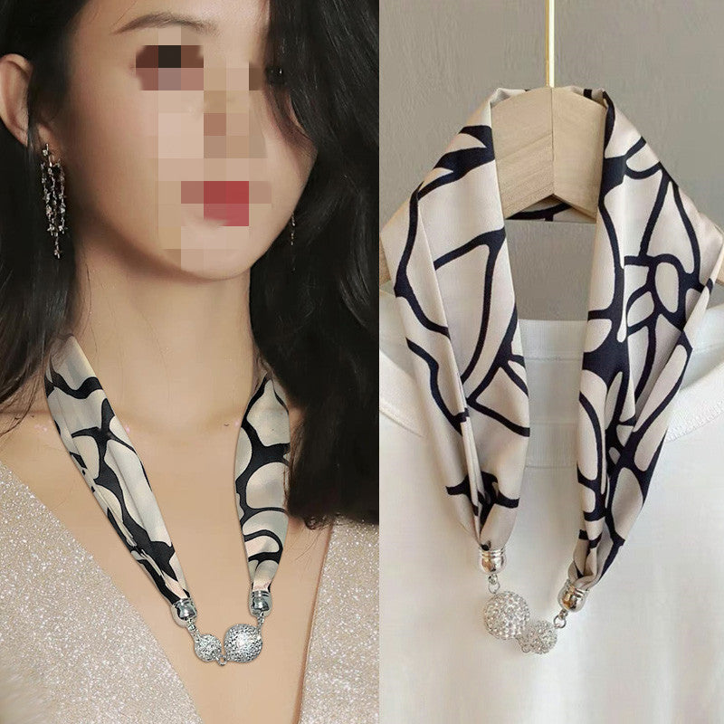 Magnetic Buckle Silk Scarf with Pearl Necklace - Women's Fashion Accessory