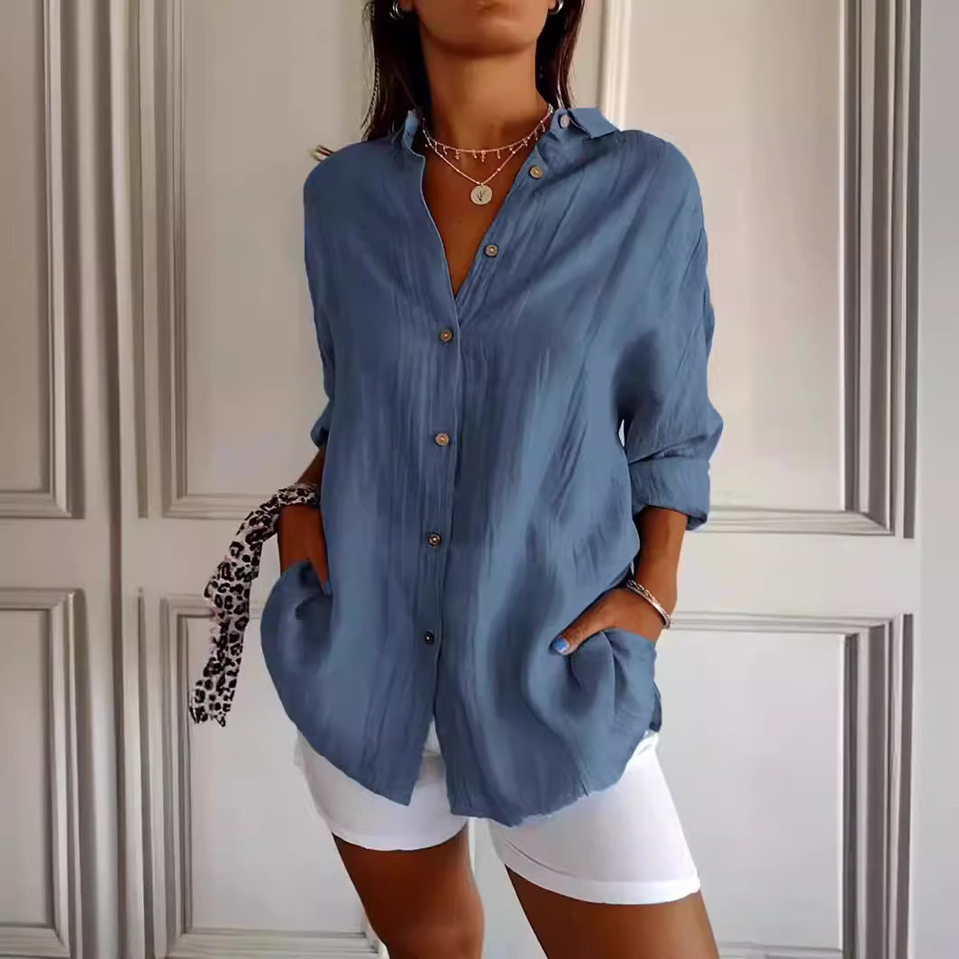 Women's Lapel Long Sleeve Shirt - Single-Breasted Pleated Button-Up