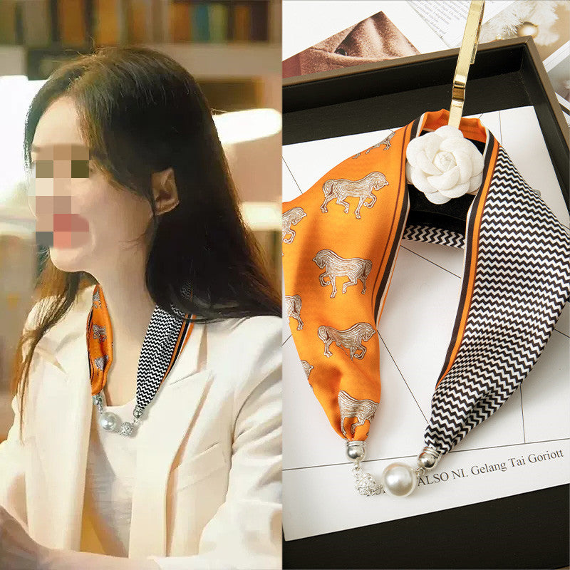 Magnetic Buckle Silk Scarf with Pearl Necklace - Women's Fashion Accessory