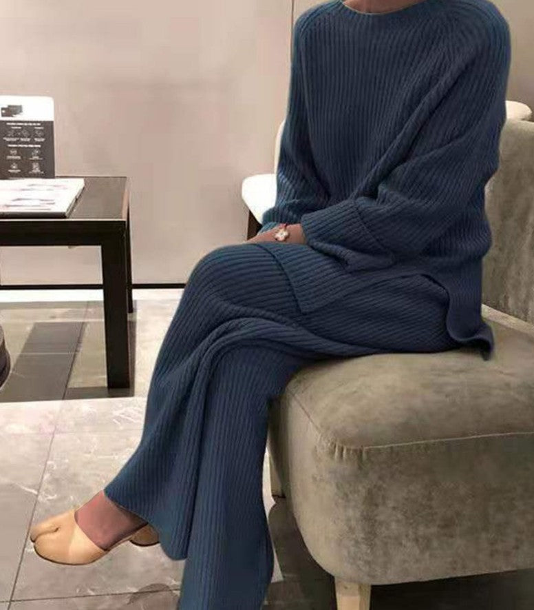 Women's Knit Casual Two-Piece Set - Knitted Sweater and Pants Outfit