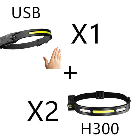 COB LED Rechargeable Headlamp - 350 Lumens Wave Sensor Waterproof Headlight for Camping & Outdoor