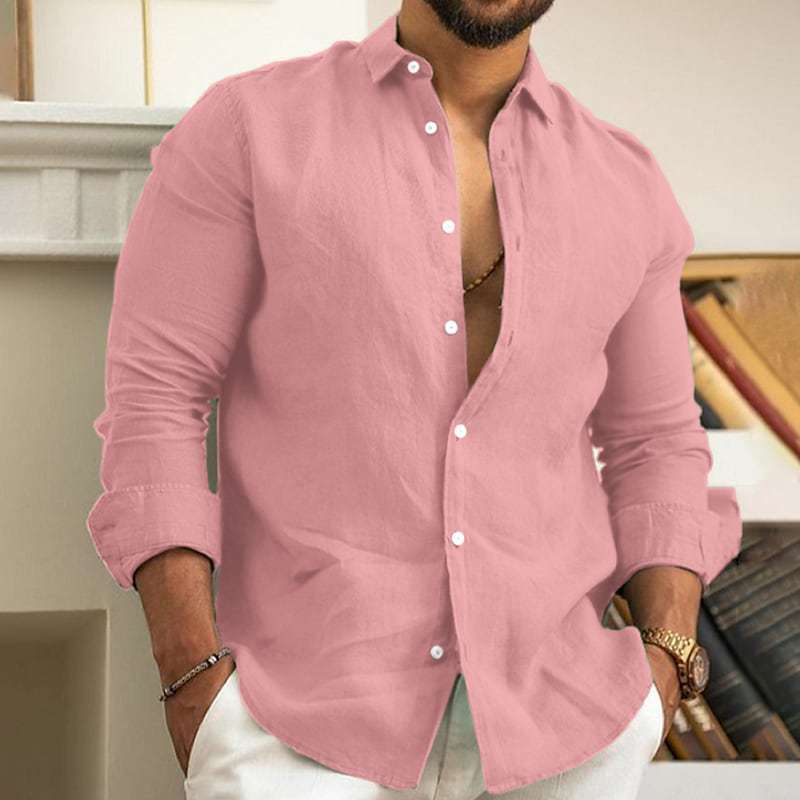 Men's Linen Button Shirt - Summer Beach Solid Color Casual Top