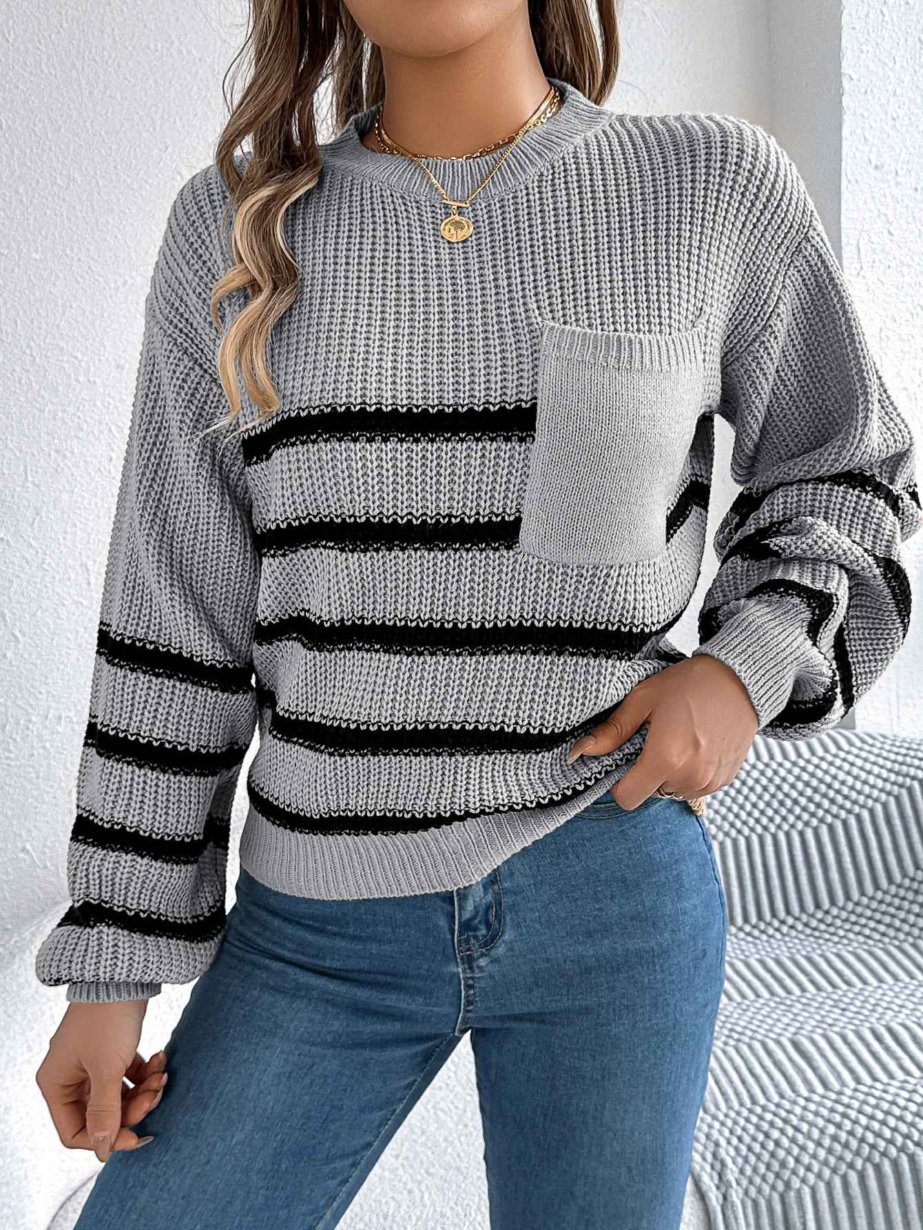 Women Casual Color Block Stripe Lantern Sleeve Pullover Sweater