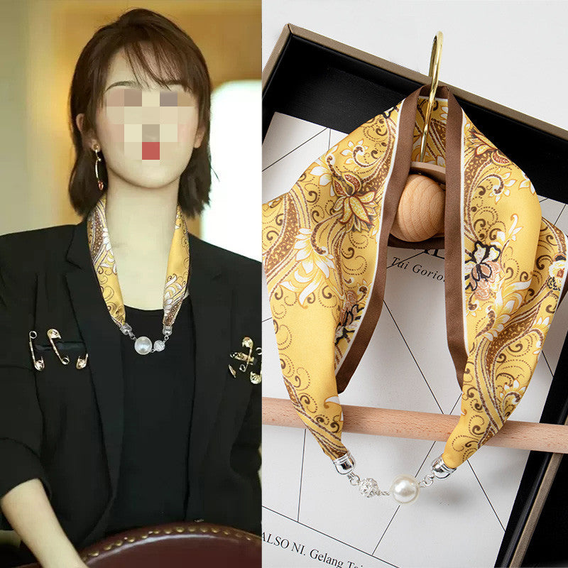 Magnetic Buckle Silk Scarf with Pearl Necklace - Women's Fashion Accessory
