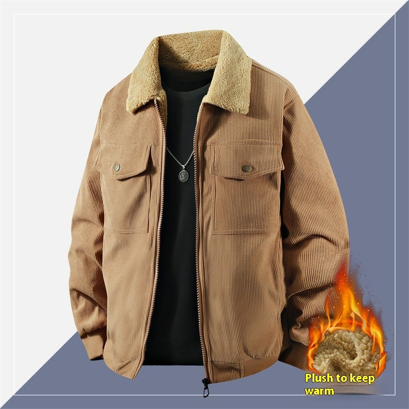 Premium Men's Fleece Corduroy Cotton Coat - Casual Polo Collar Winter Jacket