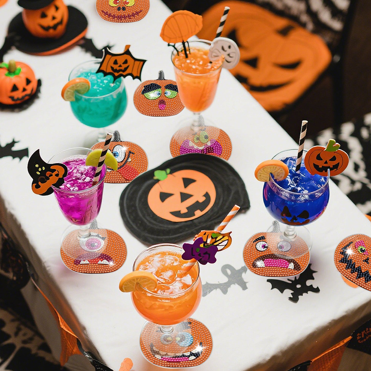 Halloween Rhinestone Art Coasters - 8 Pack Decorative Drink Coasters