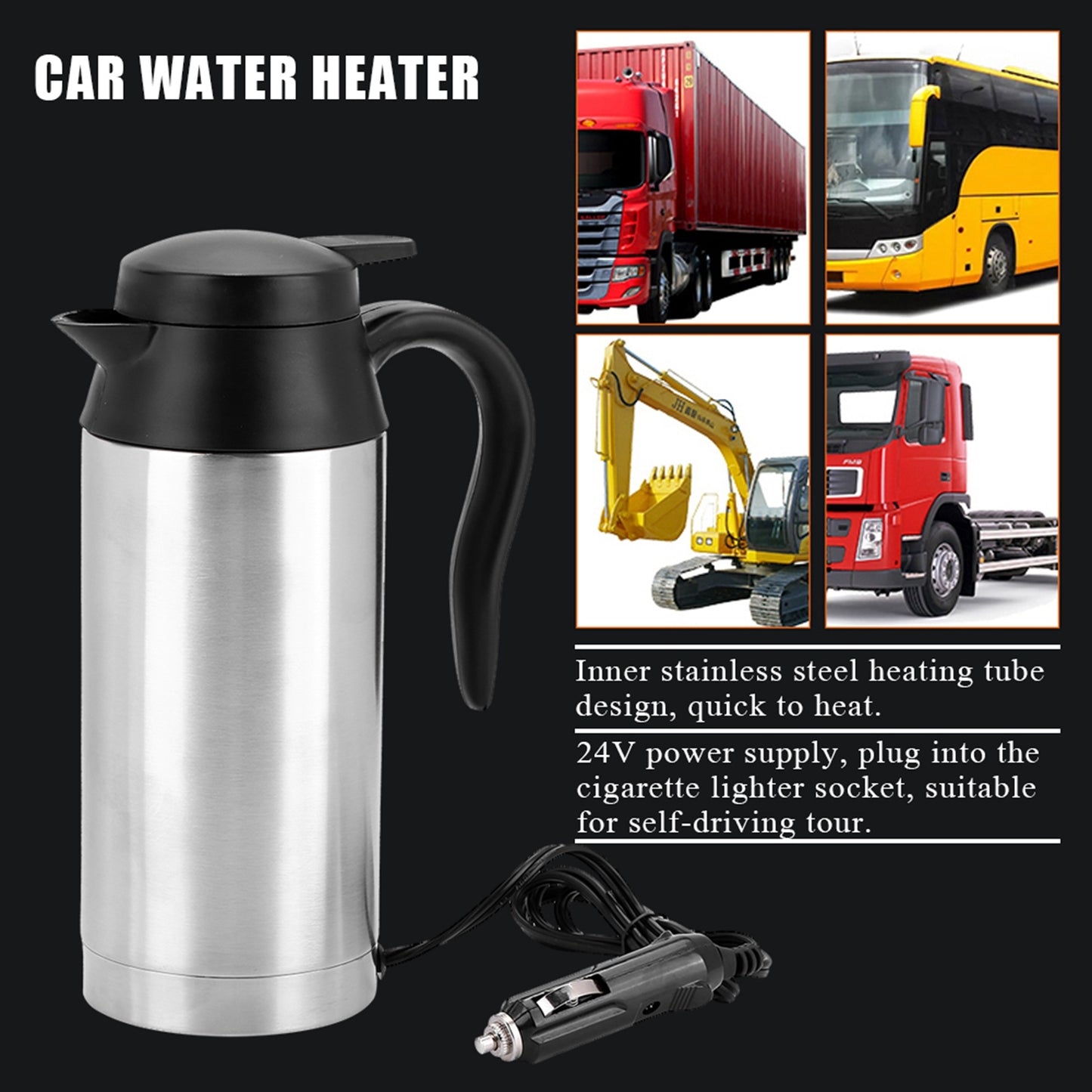 Portable Car Travel Kettle - 750ml 24V Water Heater for Coffee, Tea & Road Trips