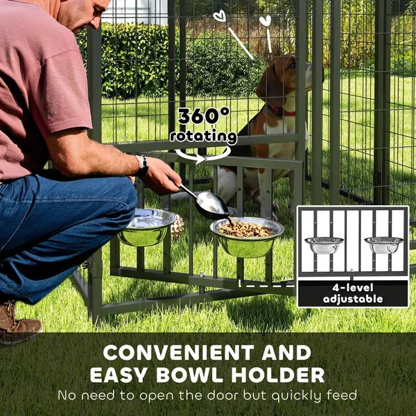 Welded Wire Outdoor Dog Kennel With Rotating & 4 Levels Adjustable Bowls