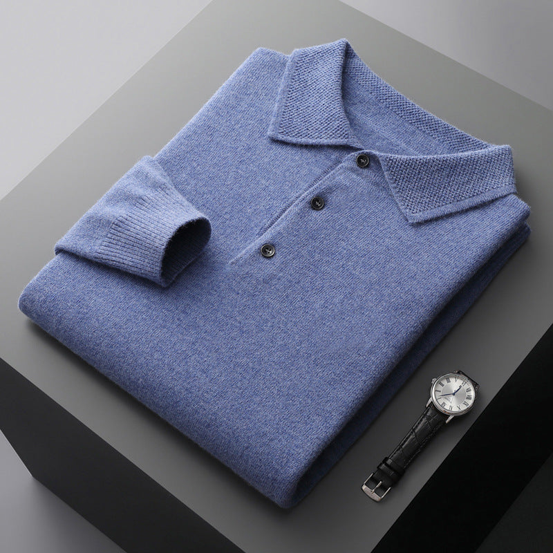 Premium Men's Pure Wool Polo Collar Knit Sweater - Luxury Comfort & Style