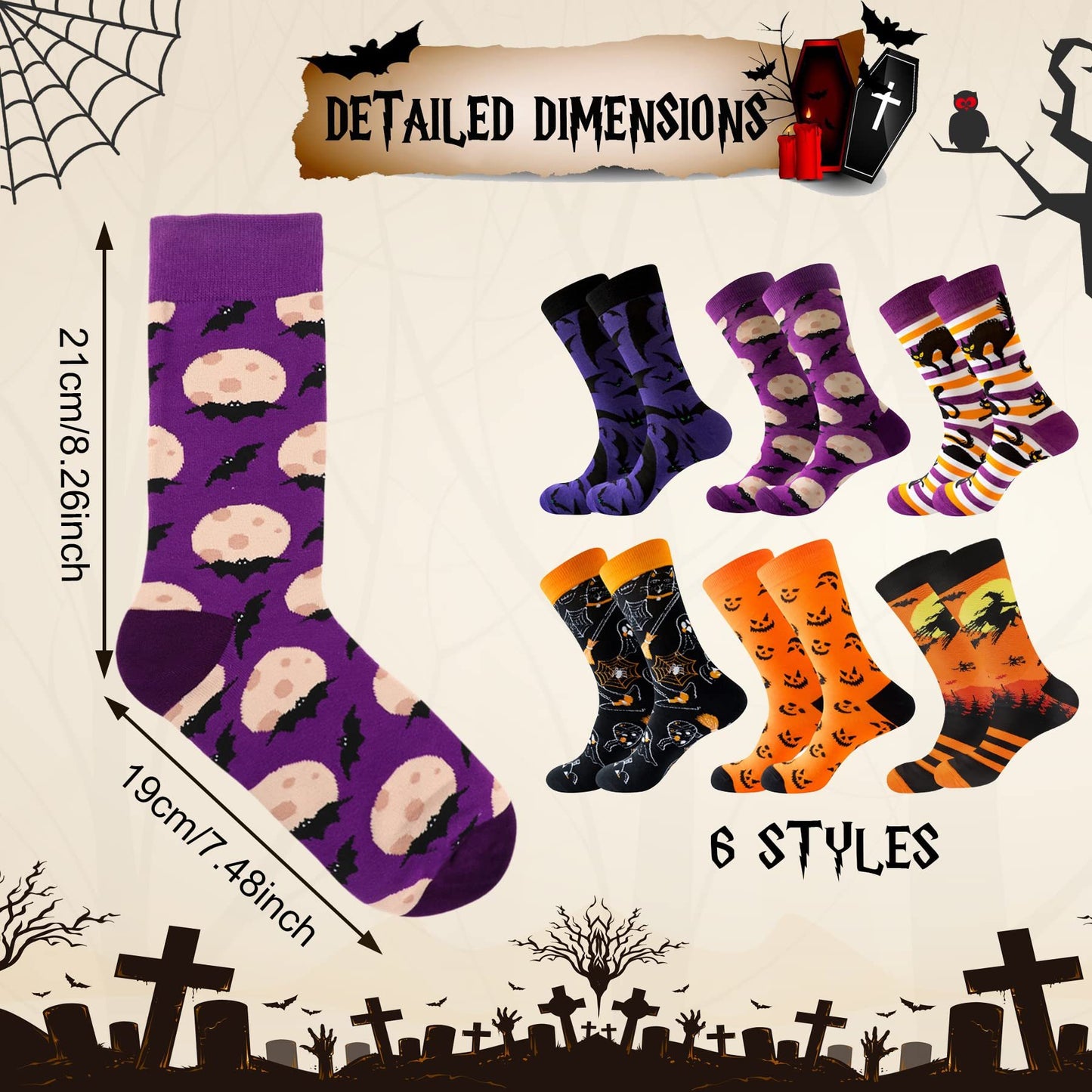 6-Pair Holiday Socks Set - Halloween & Christmas Novelty Cotton Socks