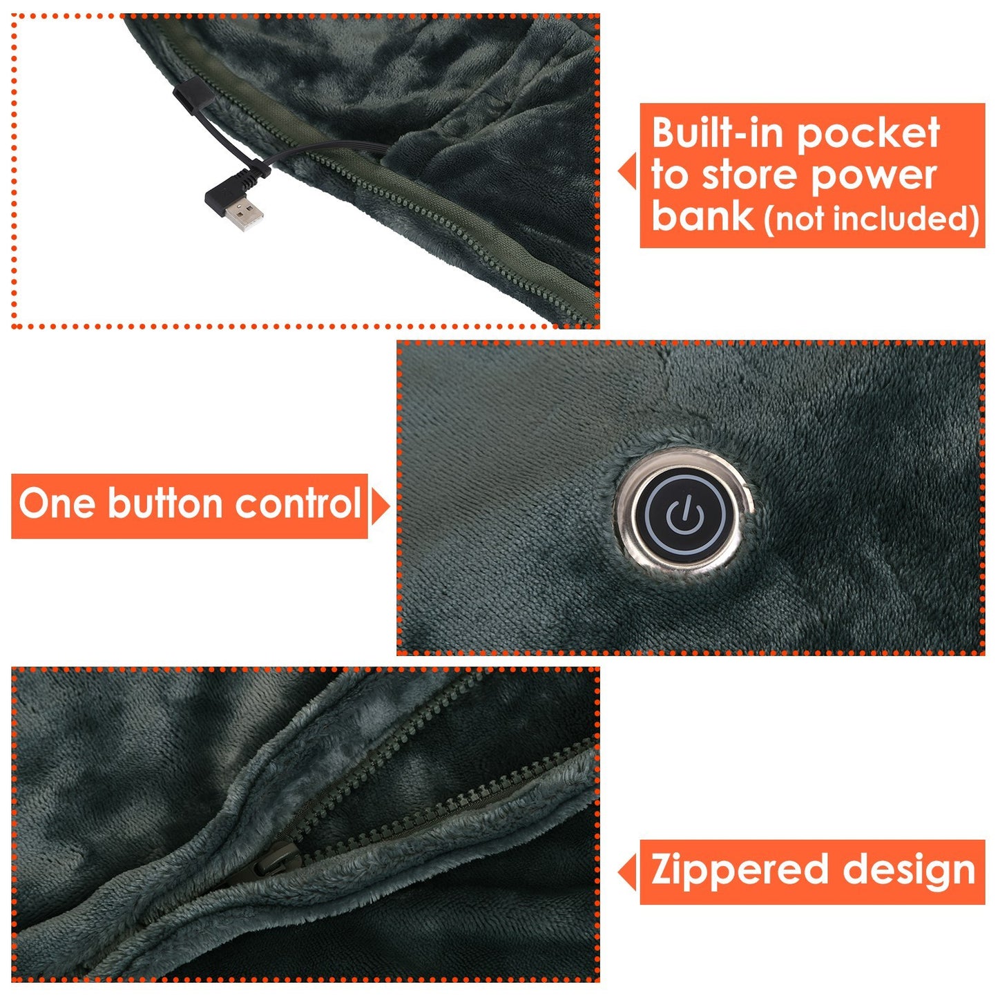 USB Heated Blanket Poncho - 59x31in Electric Heated Shawl Wrap with Zipper