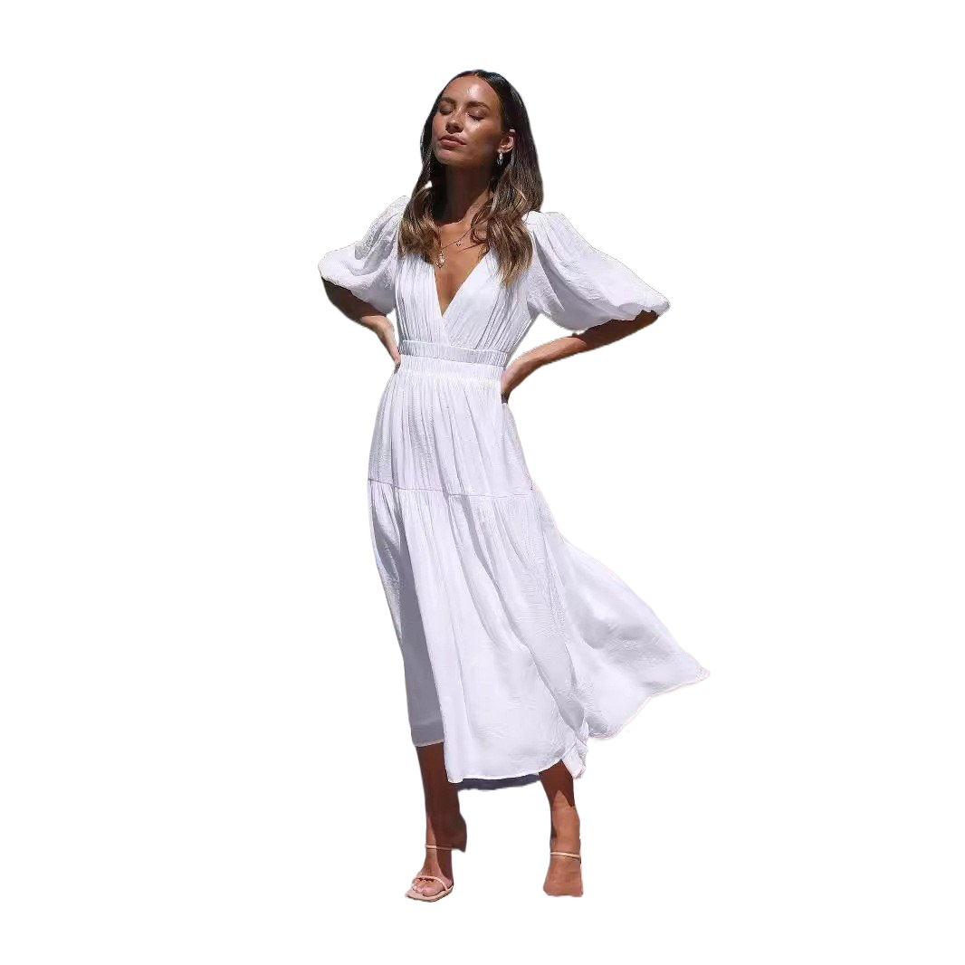 Deep V Puffed Sleeve Vacation Dress - Romantic Resort Style for Women