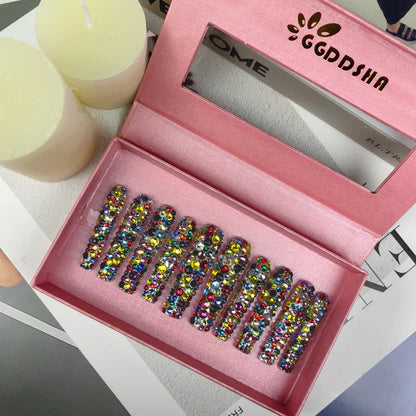 GGddsha 2025 Long Nail Designs Reusable PMMA AcrylicBaroque Glass Style Press-on Nails With Box Gifts ForWomen,Mosaic Mirage