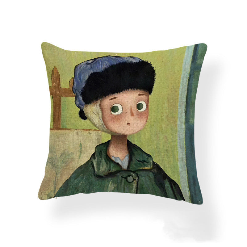 Cartoon Girl Printed Pillowcase Oil Painting Blended Cushion