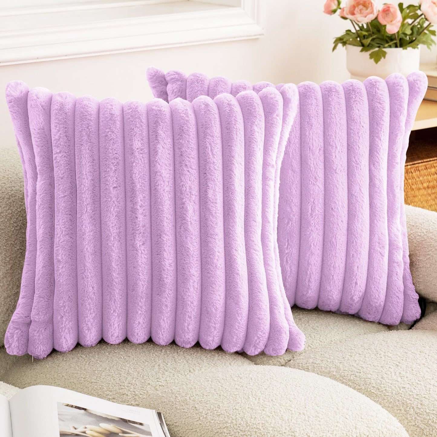 Rabbit Fur Solid Color Vertical Bar Plush Square Cushion Cover
