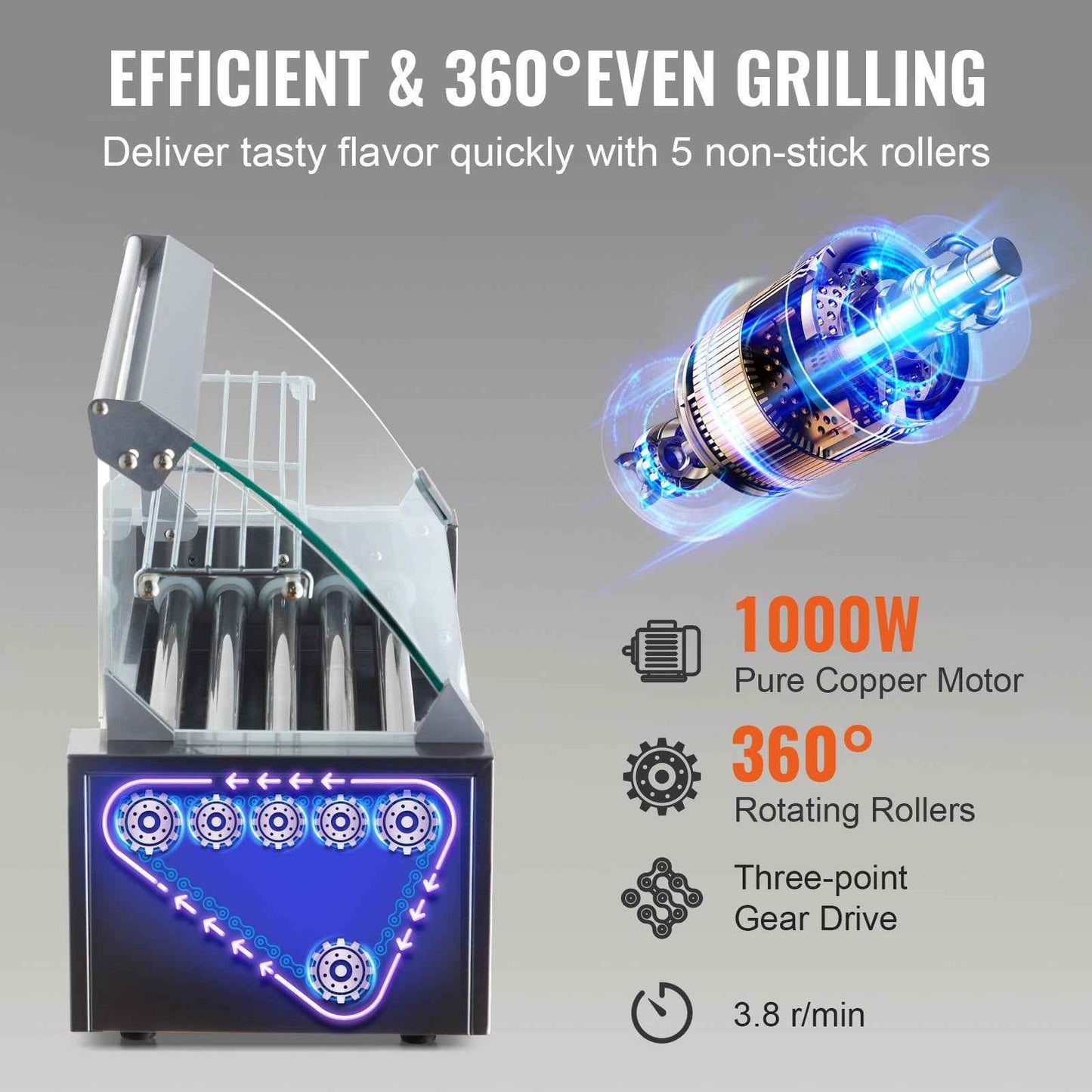 Hot Dog Roller 5 Rollers 12 Hot Dogs Capacity, 750W Stainless Sausage Grill Cooker Machine With Dual Temp Control Glass Hood Acrylic Cover Bun Warmer Shelf Removable Oil Drip Tray ETL Certified