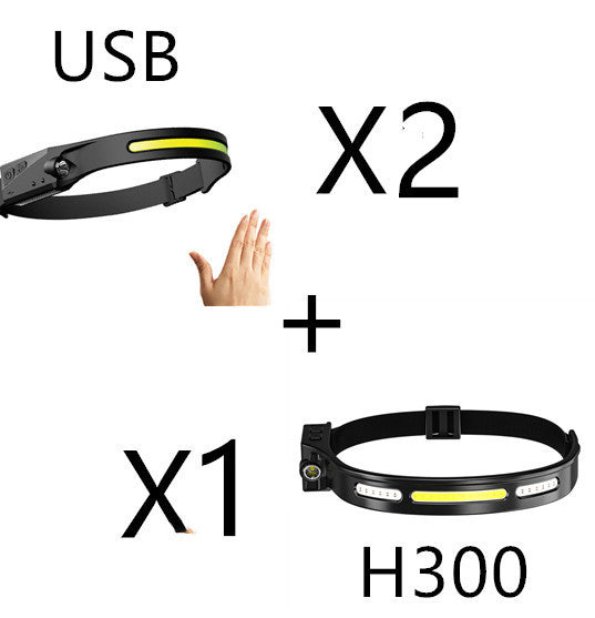 COB LED Rechargeable Headlamp - 350 Lumens Wave Sensor Waterproof Headlight for Camping & Outdoor