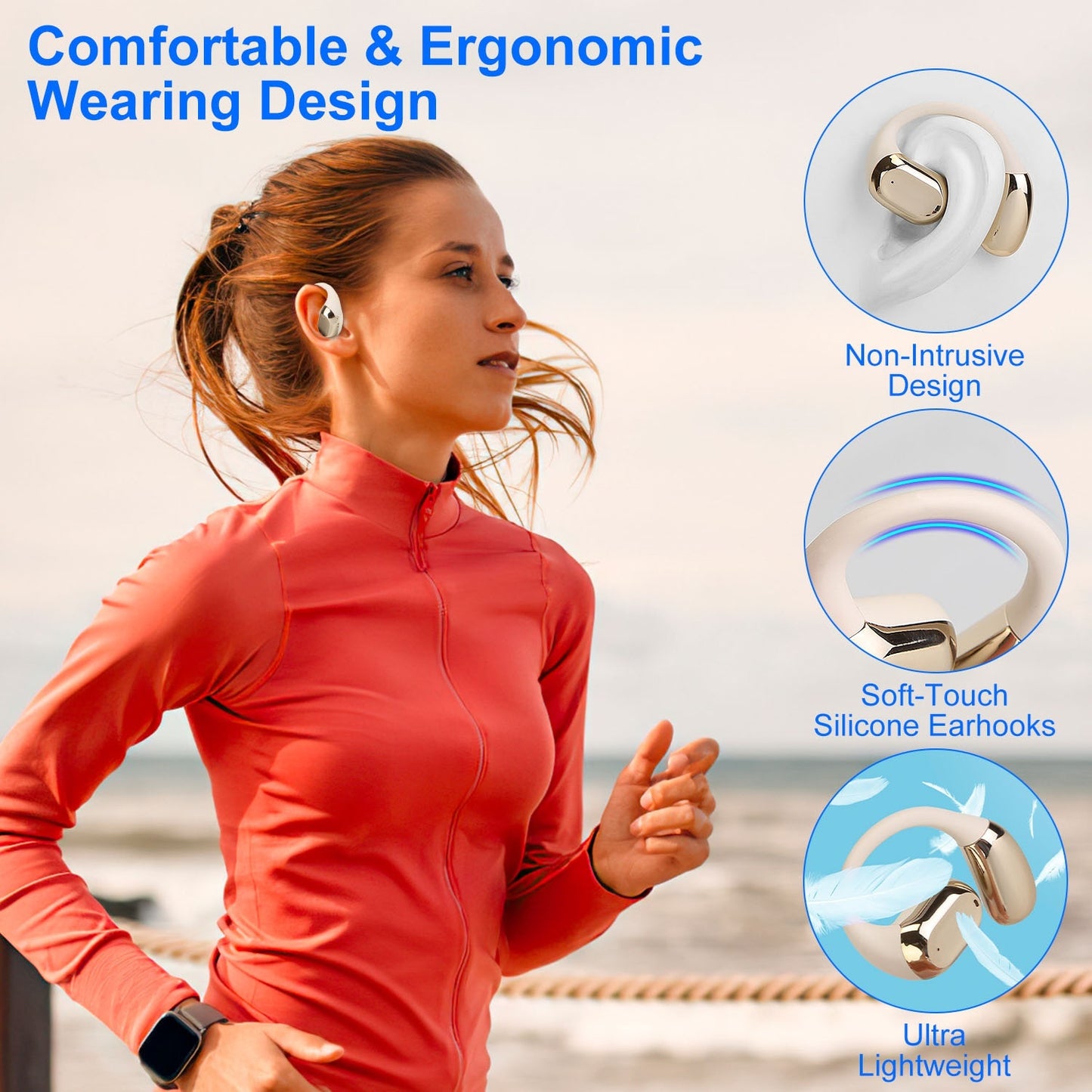 Wireless V5.4 Open Ear Earbuds - IPX5 Waterproof Sport Headphones with LED Charging Case
