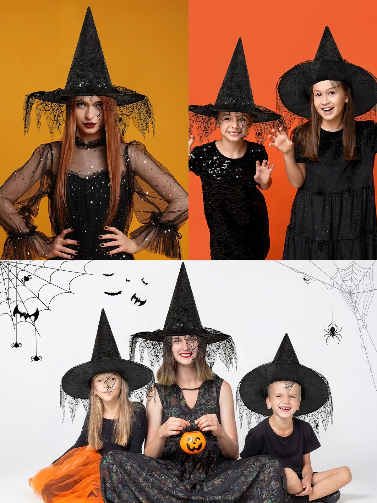Halloween Witch Hats - 2 Pcs Black Foldable Pointed Caps for Women