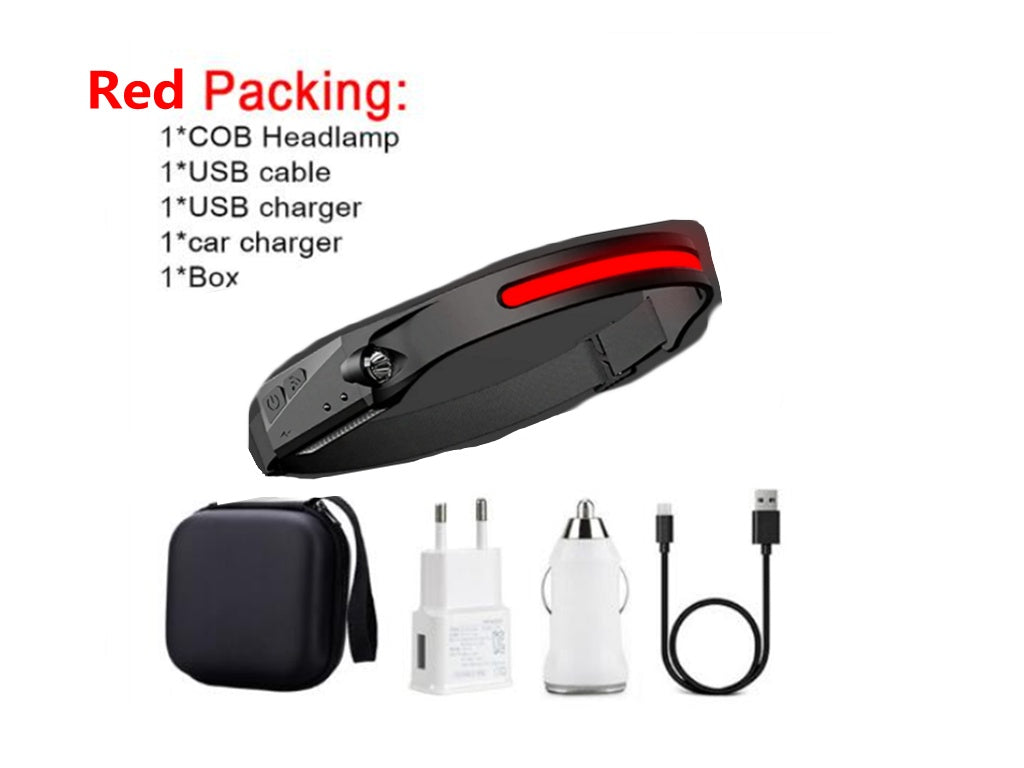COB LED Rechargeable Headlamp - 350 Lumens Wave Sensor Waterproof Headlight for Camping & Outdoor