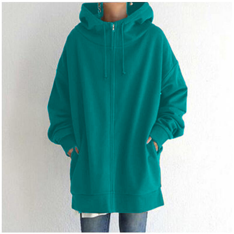 Women's Oversized Hooded Zip-Up Sweatshirt - Velvet-Lined Long Coat