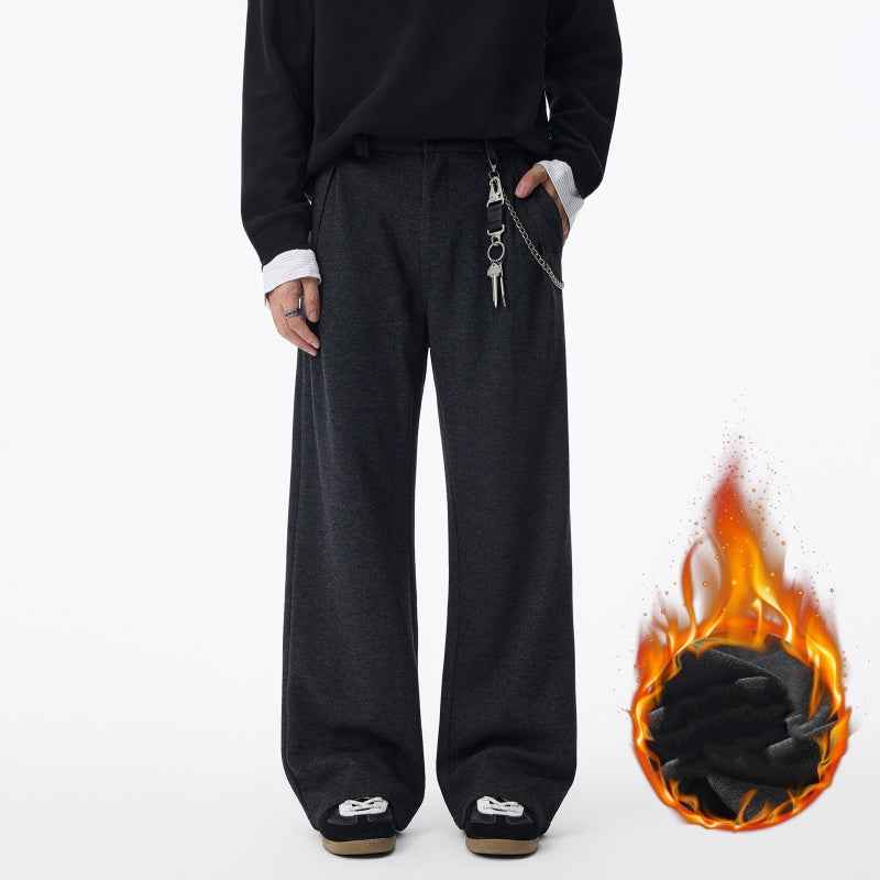 Men's Straight Fleece-lined Casual Wool Trousers