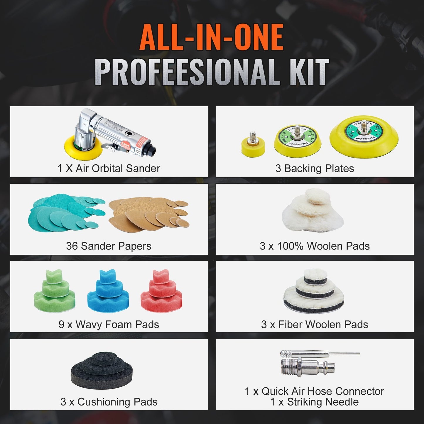 58PCS Air Powered Sander Kit With Sandpapers, Wool Pad, Wavy Sponges