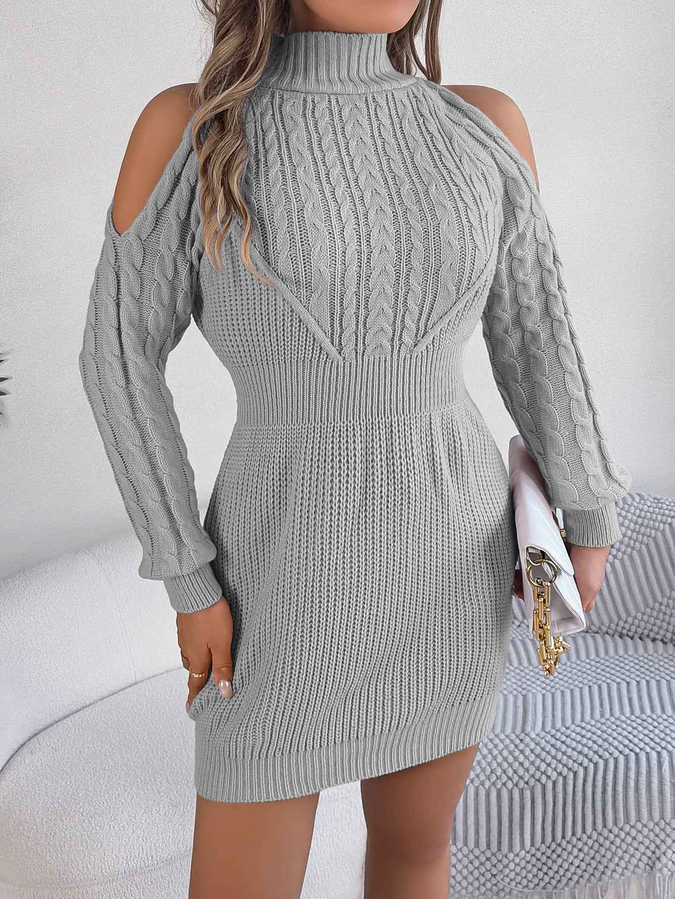 Women Casual Off-Shoulder Half Turtleneck Cable Knit Lantern Sleeve Bodycon Sweater Dress