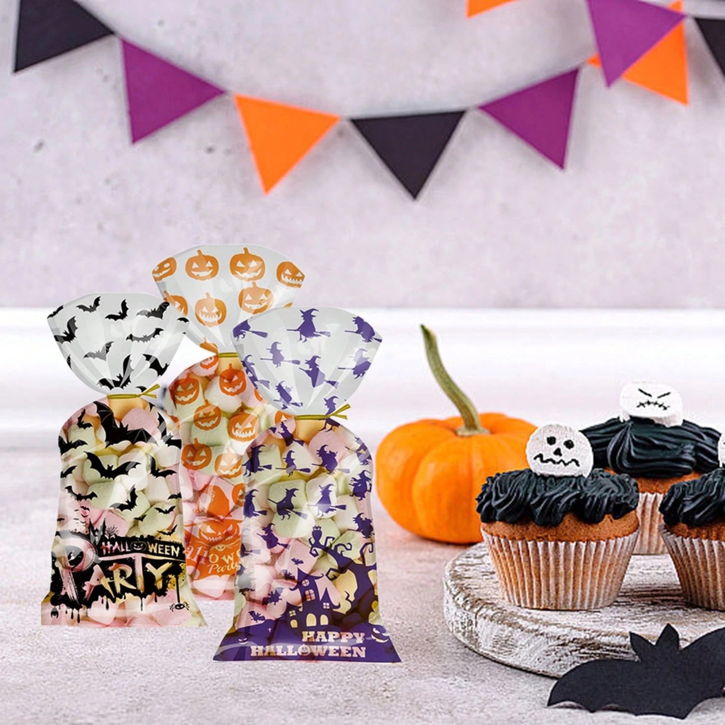 Halloween Gift Wrapping Bags - 200 Pcs Cellophane Treat Bags with Twist Ties
