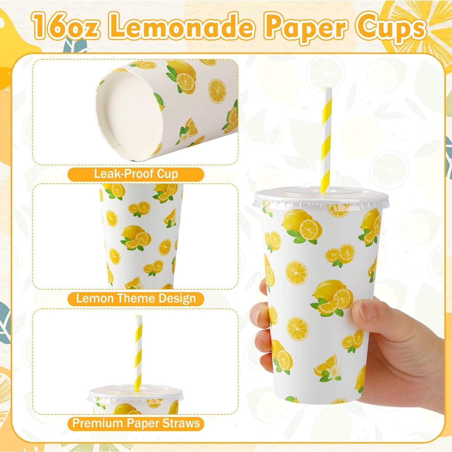 Lemonade Paper Cups Set - 180pcs with Lids & Straws 16oz