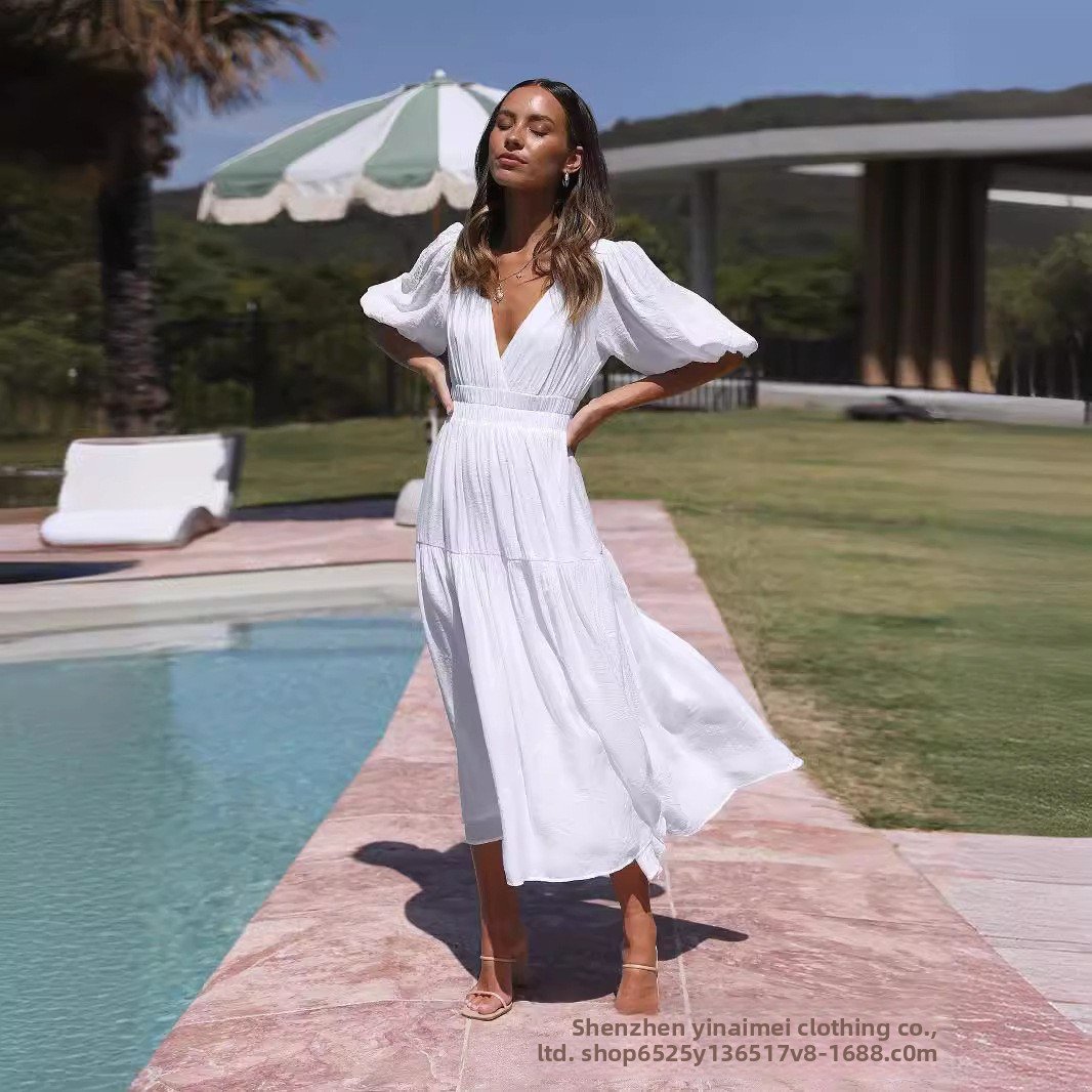 Deep V Puffed Sleeve Vacation Dress - Romantic Resort Style for Women