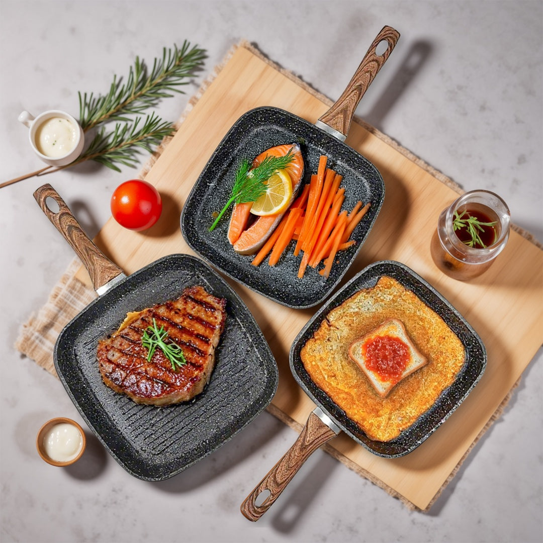 Nonstick Frying Pan Skillet Set, 3 Piece Square Grill Pans With Stay Cool Handle & PFOA Free, Compatible With All Stovetops