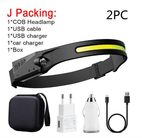 COB LED Rechargeable Headlamp - 350 Lumens Wave Sensor Waterproof Headlight for Camping & Outdoor