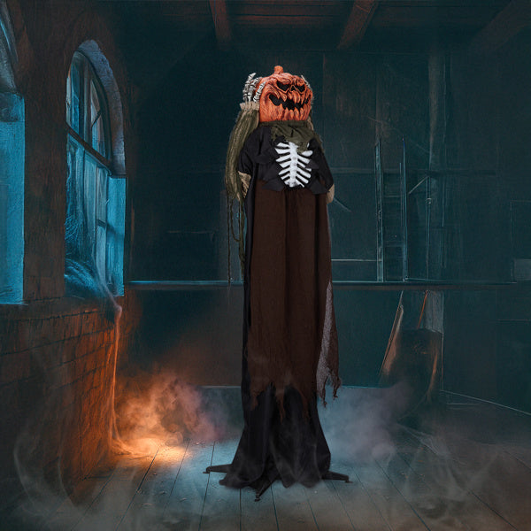5.6ft Animatronic Pumpkin Head Ghost - Sound-Activated Halloween Decoration