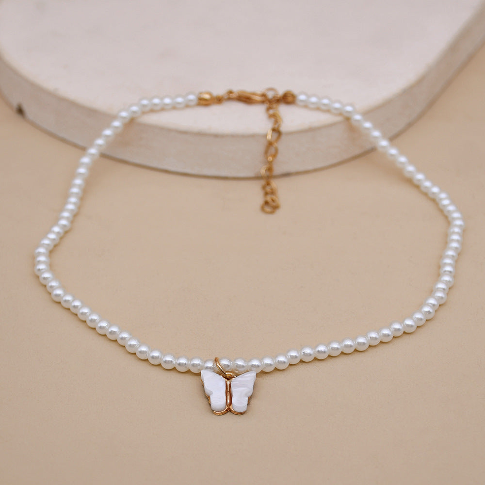 Elegant White Pearl Choker Necklace - Small Round Pearl Wedding Butterfly Necklace