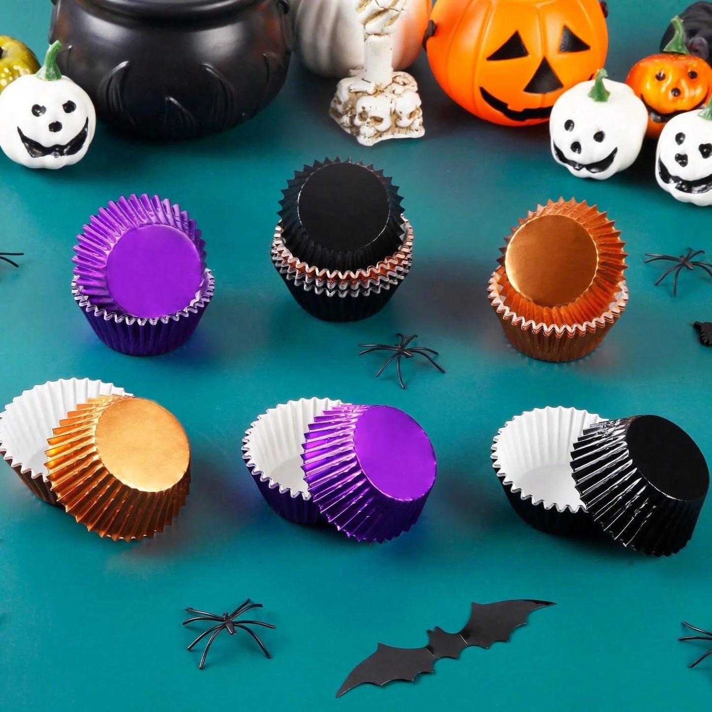 Halloween Foil Cupcake Liners - 300 Pcs Black Purple Orange Metallic