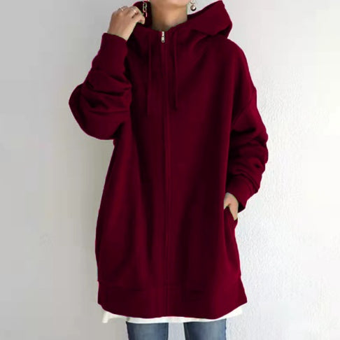 Women's Oversized Hooded Zip-Up Sweatshirt - Velvet-Lined Long Coat