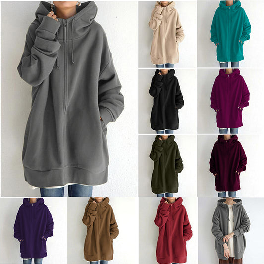 Women's Oversized Hooded Zip-Up Sweatshirt - Velvet-Lined Long Coat
