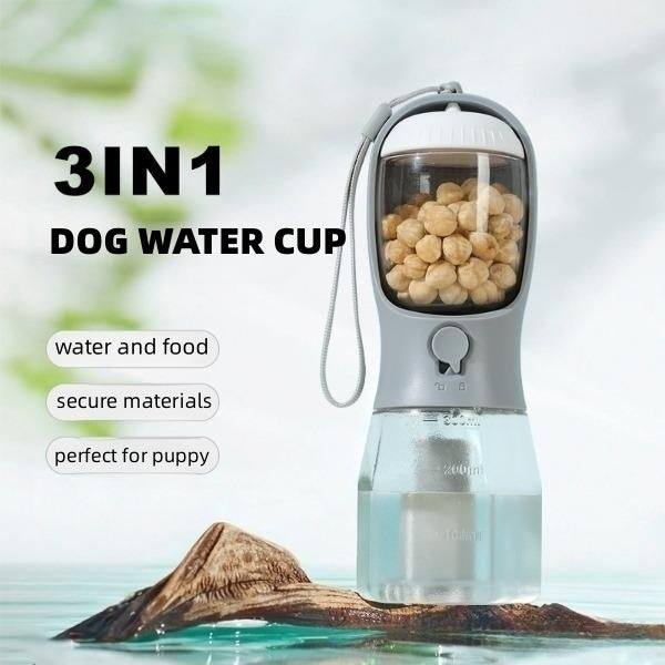 Dog Water Cup 3-in-1 Portable - Drinking Bottle, Food Container & Waste Bag Dispenser for Travel