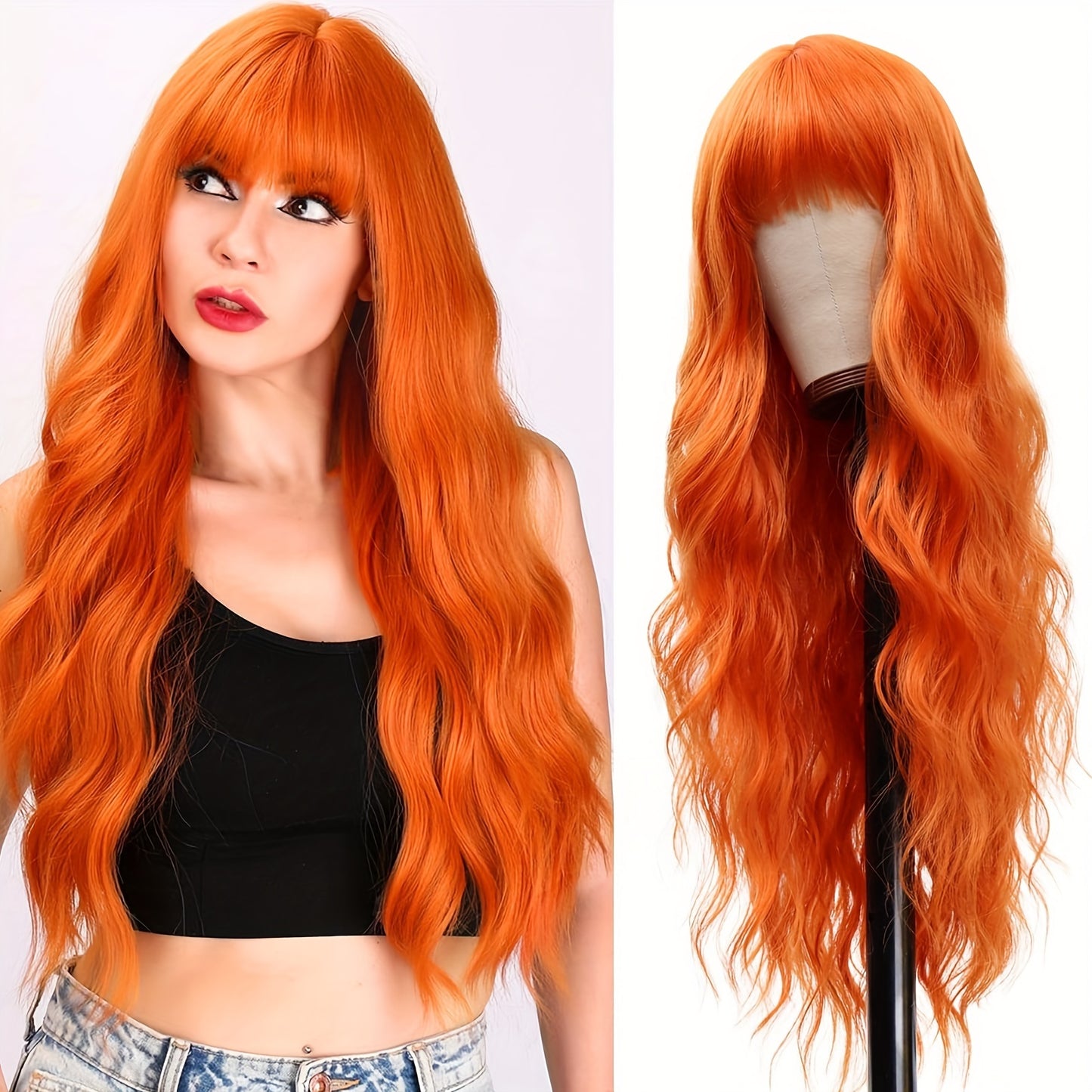 Elegant Long Orange Non-toxic Wig, Synthetic Wavy Hair Wig For Ladies, 28-inch Long Hair, Suitable For The Whole Scene