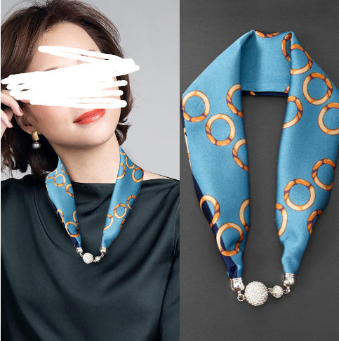 Magnetic Buckle Silk Scarf with Pearl Necklace - Women's Fashion Accessory