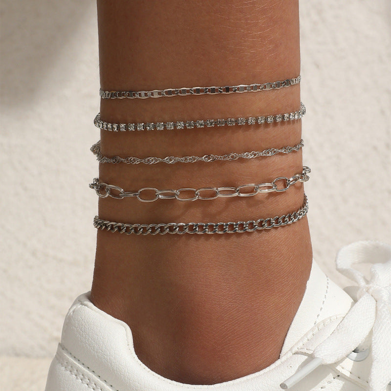 Snake Chain Anklet Set - 5-Piece Layered Metal Ankle Bracelets Collection