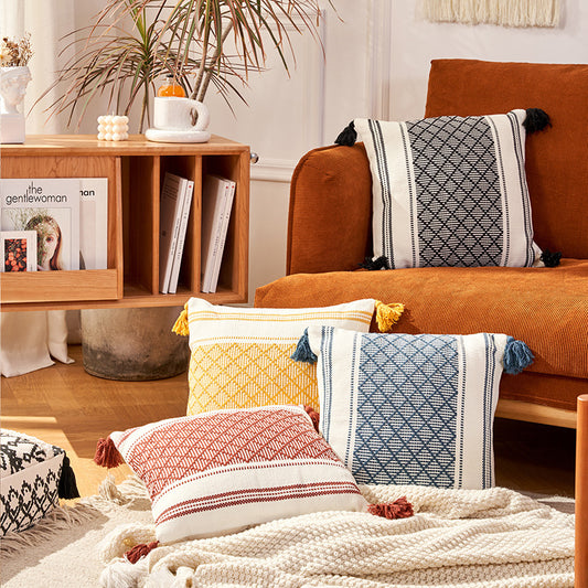 Geometric Woven Jacquard Tassel Cushion Cover