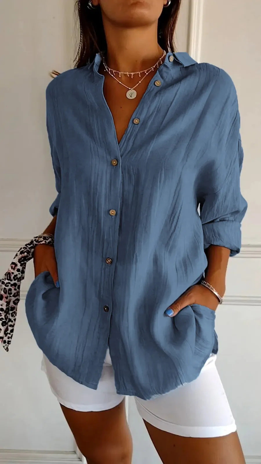 Women's Lapel Long Sleeve Shirt - Single-Breasted Pleated Button-Up