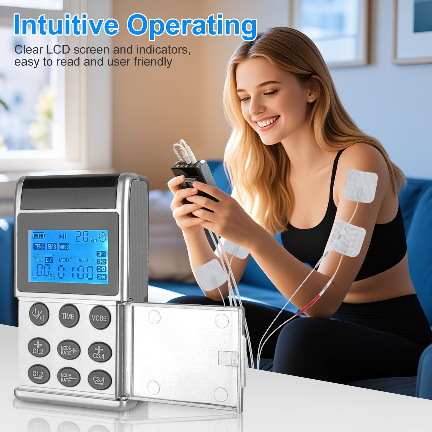 1Pc 4 Channel TENS Unit Muscle Stimulator Rechargeable Digital TENS Muscle Massager With 48 Modes 20 Intensity Levels 8 Pads Timer