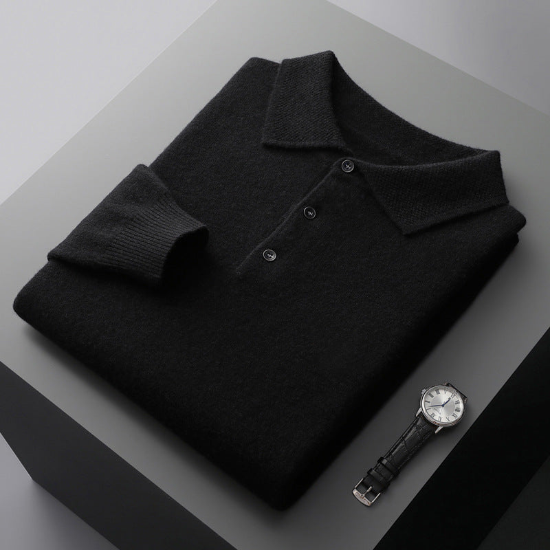 Premium Men's Pure Wool Polo Collar Knit Sweater - Luxury Comfort & Style